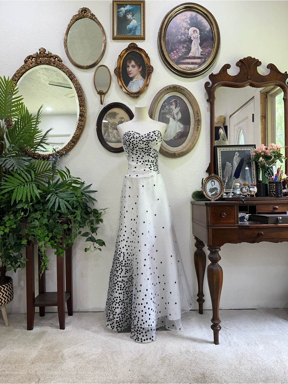 Masquerade White and Black Polka Dot Strapless Prom Gown